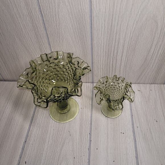 Vtg Fenton Hobnail Footed Green Glass Ruffle Compote Dish Set MCM - Picture 2 of 6
